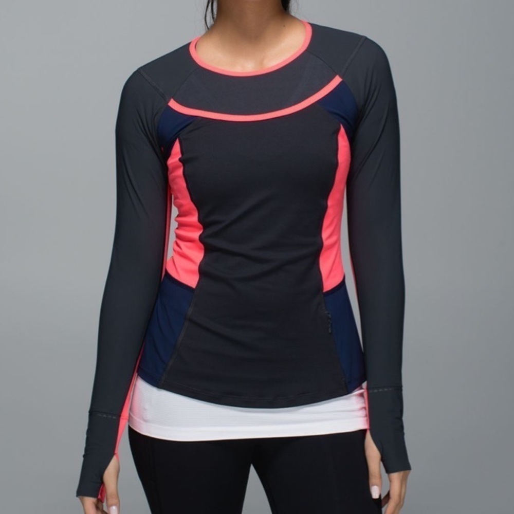 Lululemon Trail Bound Long Sleeve Deep Coal Deep Navy Electric Coral